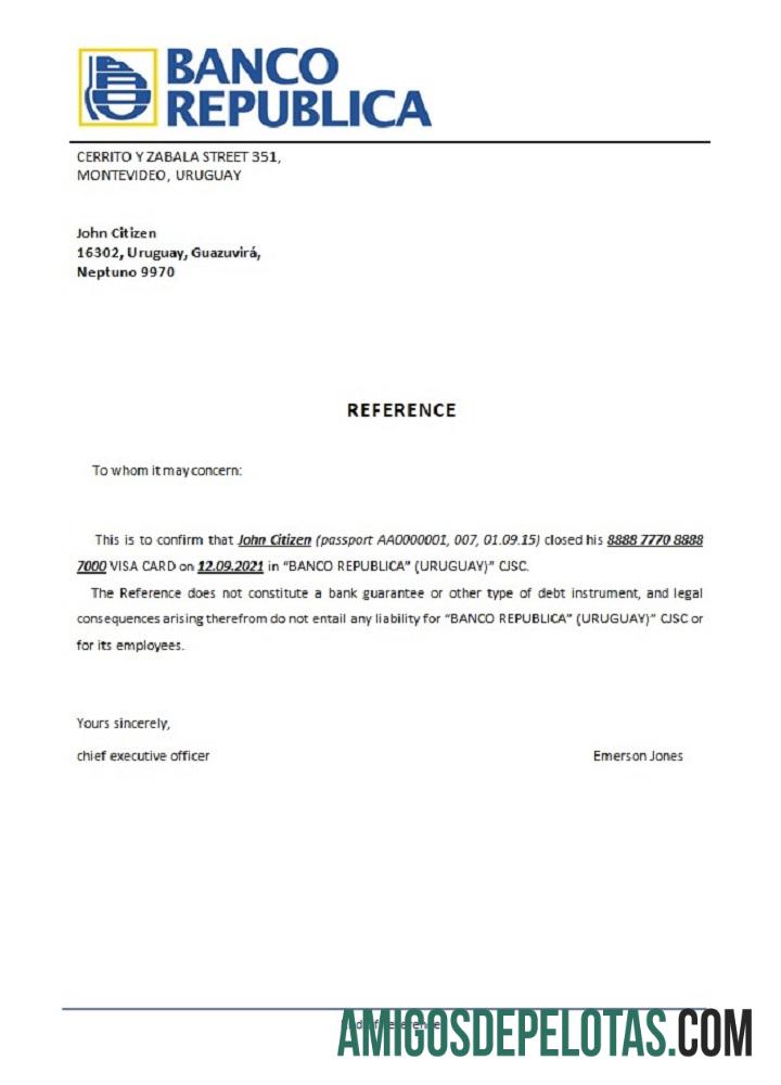 Referência de fechamento do Banco República Uruguai exemplo real